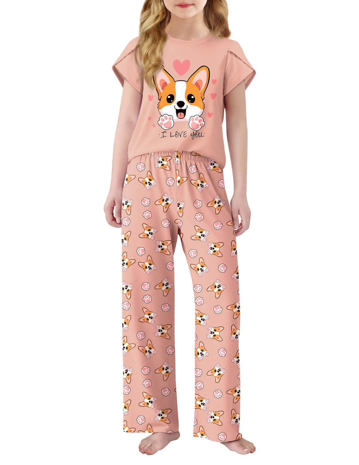 Arshiner Pajamas for Girls Short Sleeve Long Pants Pjs Cute Soft Lounge