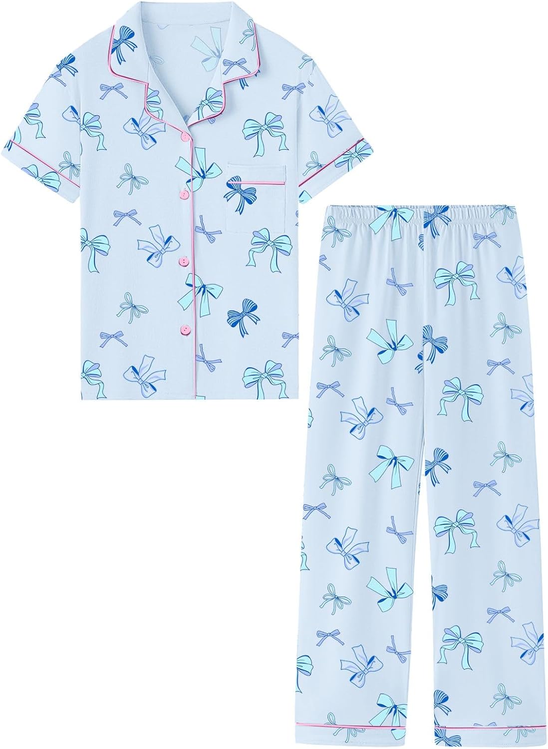QZH.DUAO Girls Cotton Short Sleeves and Long Pants Pajama Set, 5-14 Years