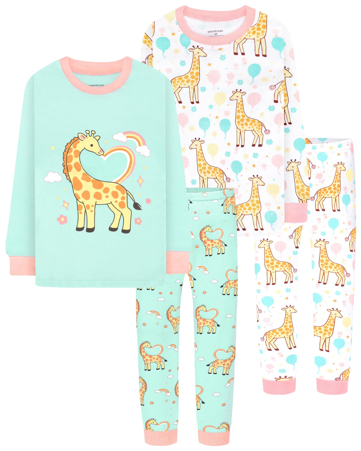 DAUGHTER QUEEN Girls 4 Pieces Cotton Pajamas Size 18 Months-12 Years