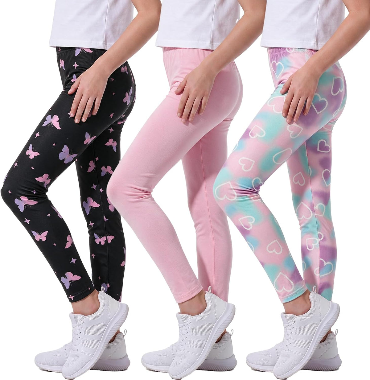 MyFav 3 Pack Girls Leggings Stretch Kids Cute Printed & Solid Color Skinny Casual Daily Wear Pants