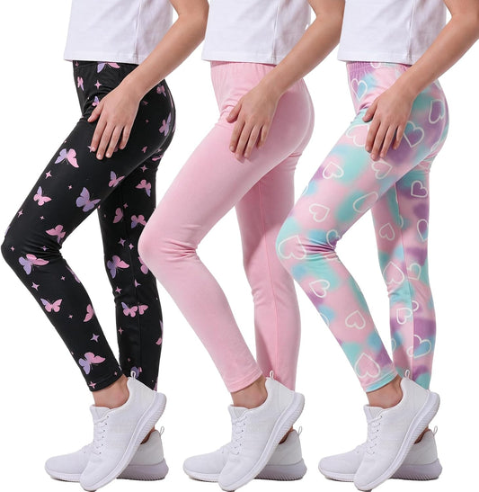 MyFav 3 Pack Girls Leggings Stretch Kids Cute Printed & Solid Color Skinny Casual Daily Wear Pants