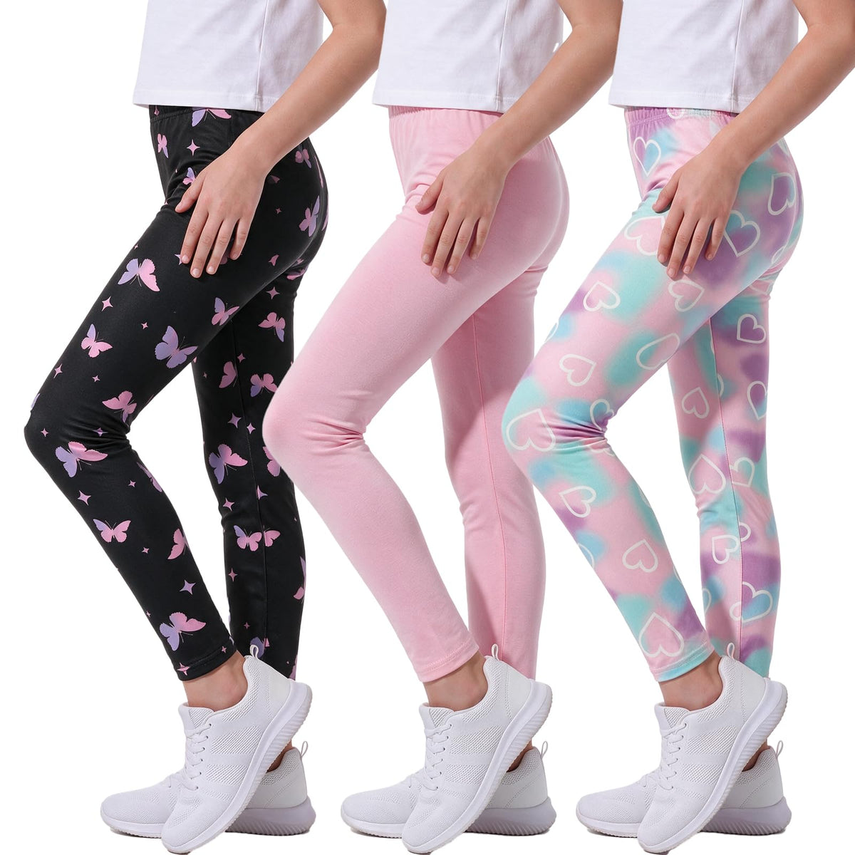 MyFav 3 Pack Girls Leggings Stretch Kids Cute Printed & Solid Color Skinny Casual Daily Wear Pants