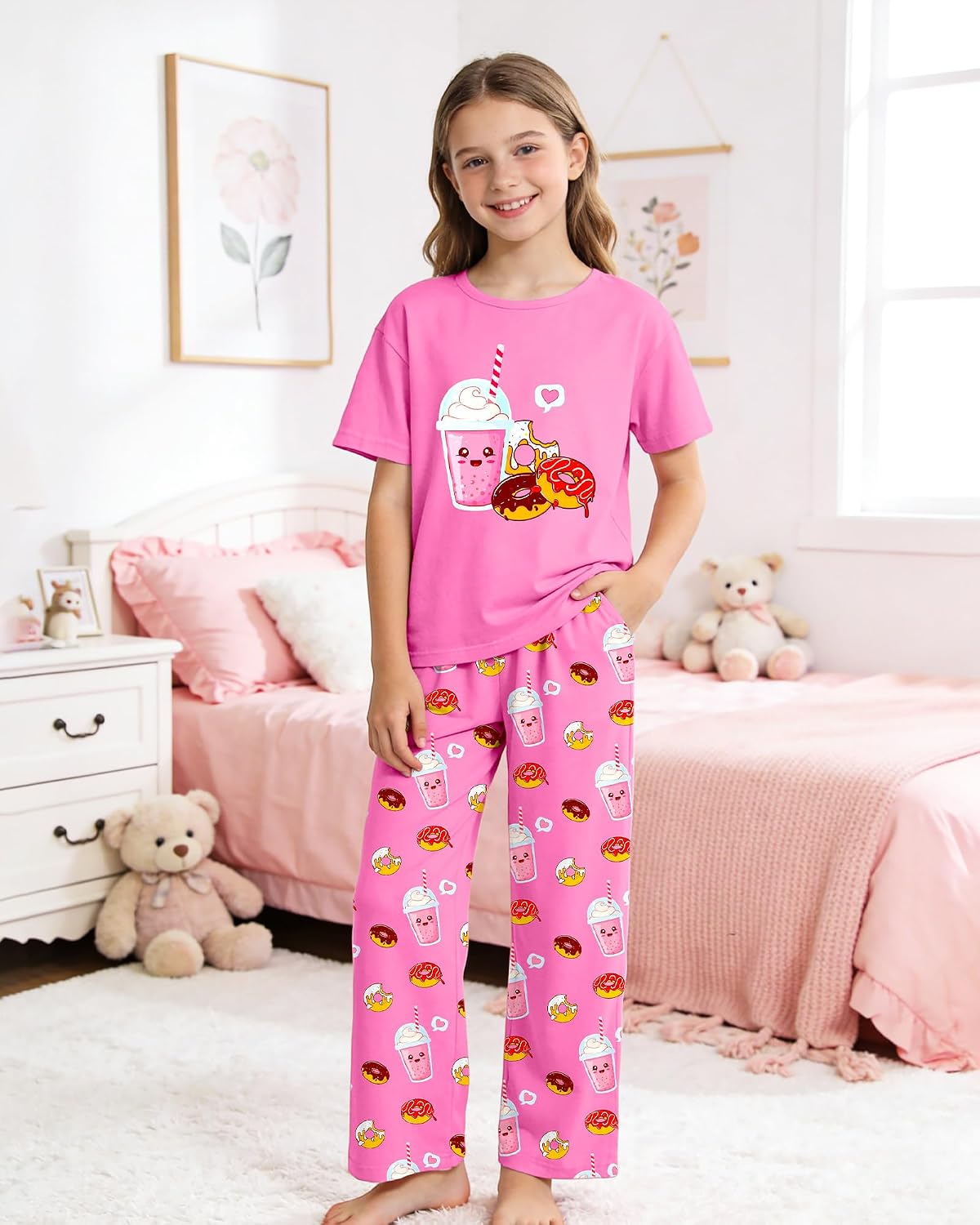 Sylfairy Girls Pajamas 2-Piece Pjs Set Kids Short Sleeve and Pants Jammies Casual Wear Girls' Sleepwear Lounge Clothes