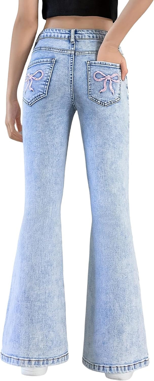 Girls Jeans Flare High Elastic Waist Denim Pants Bell Bottom Stretch Cute Y2K Streetwear with Pockets 7-14Y