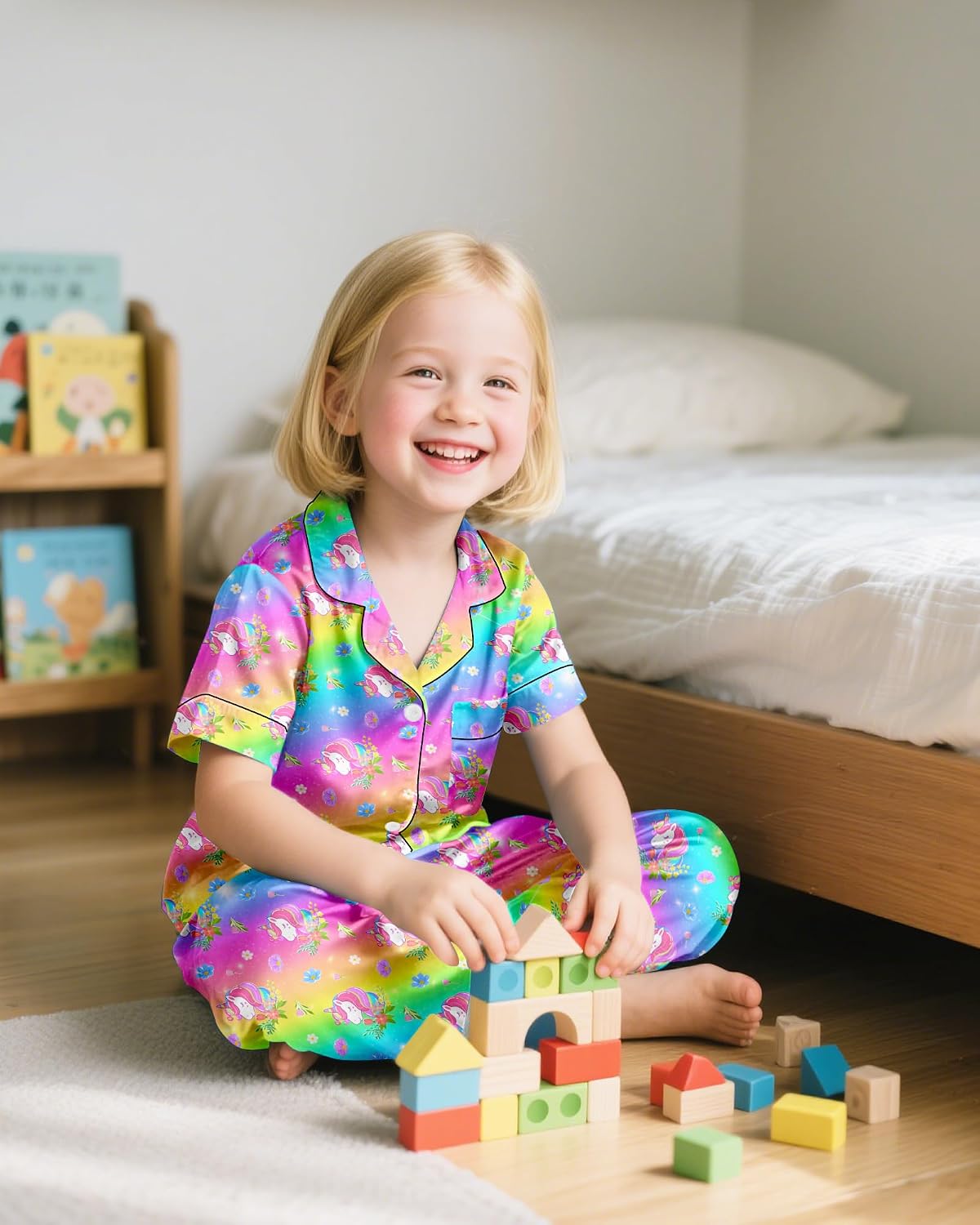 Girls Pajamas Silky Short Sleeve Long Pants Cute Jammies Satin Sleepwear Pjs Set for Toddler Kids 3T-10Y