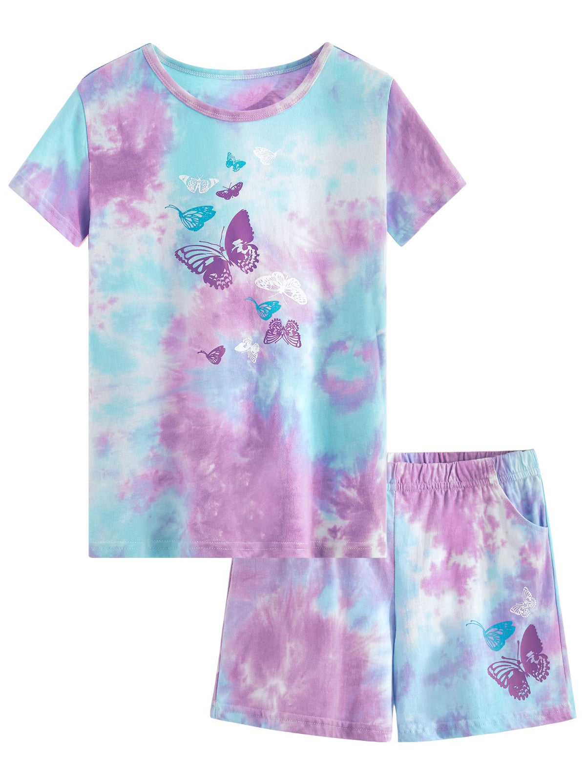 Beezizac Girls' Tie Dye Pajamas, 100% Cotton Sleepover Theme, Size 4T-18