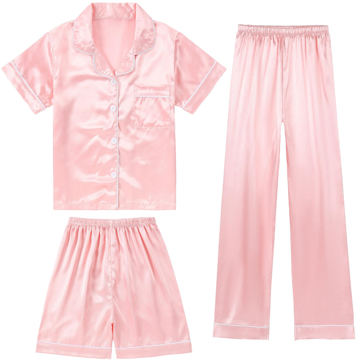 DIPUG Girls Pajamas 3 Pcs Satin PJs Set Silky Soft Sleepwear for Ages 4-13