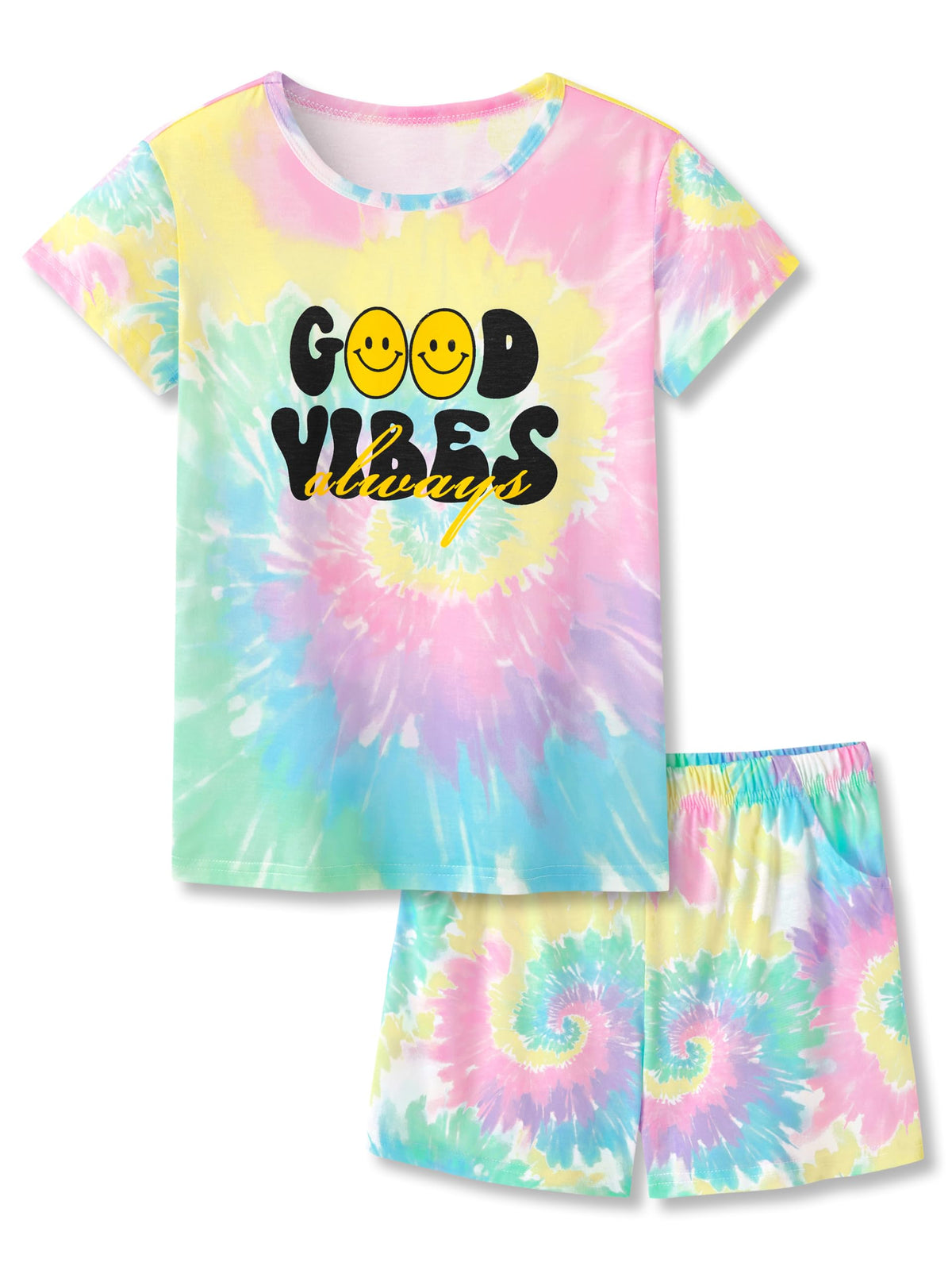 Tebbis Girls Pajama Set Tie Dye Cute Prints Tee & Shorts Sizes 6-18