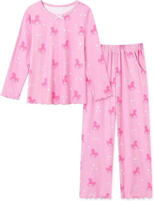 CARETOO Girls Pajama Set 2pc Soft Stretch Ribbed Kids Loungewear Pjs 5-14Y
