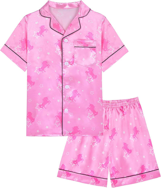 Sylfairy Kids Girls Pajama Set Silky PJS Button-Down Sleepwear Nightwear Loungewear Clothes Set Gifts