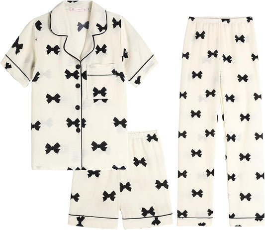 Hupohoi Big Girls Button Down Pajama Set 3pcs Crepe Fabric Sleepwear Nighty