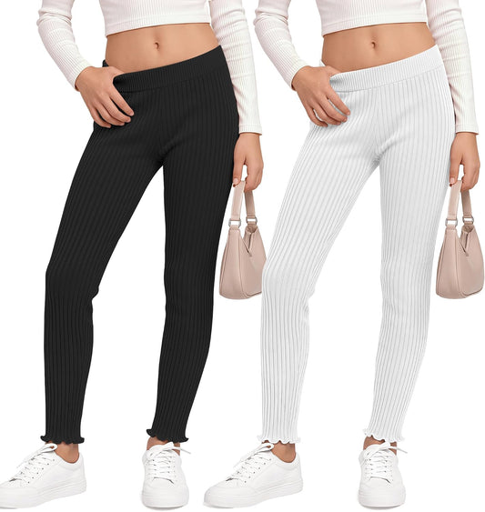 2 Pack Girl's Ribbed Knit Leggings Ruffle Tights