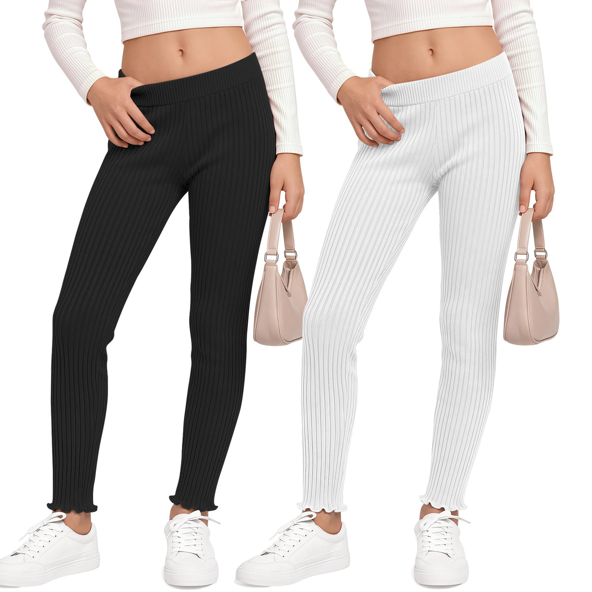 2 Pack Girl's Ribbed Knit Leggings Ruffle Tights