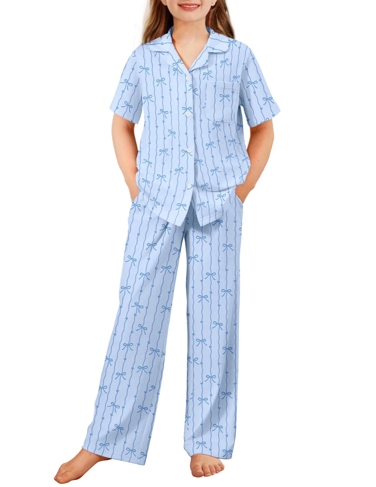 Arshiner Pajamas for Girls Short Sleeve Long Pants Sleepwear Button Pjs Set