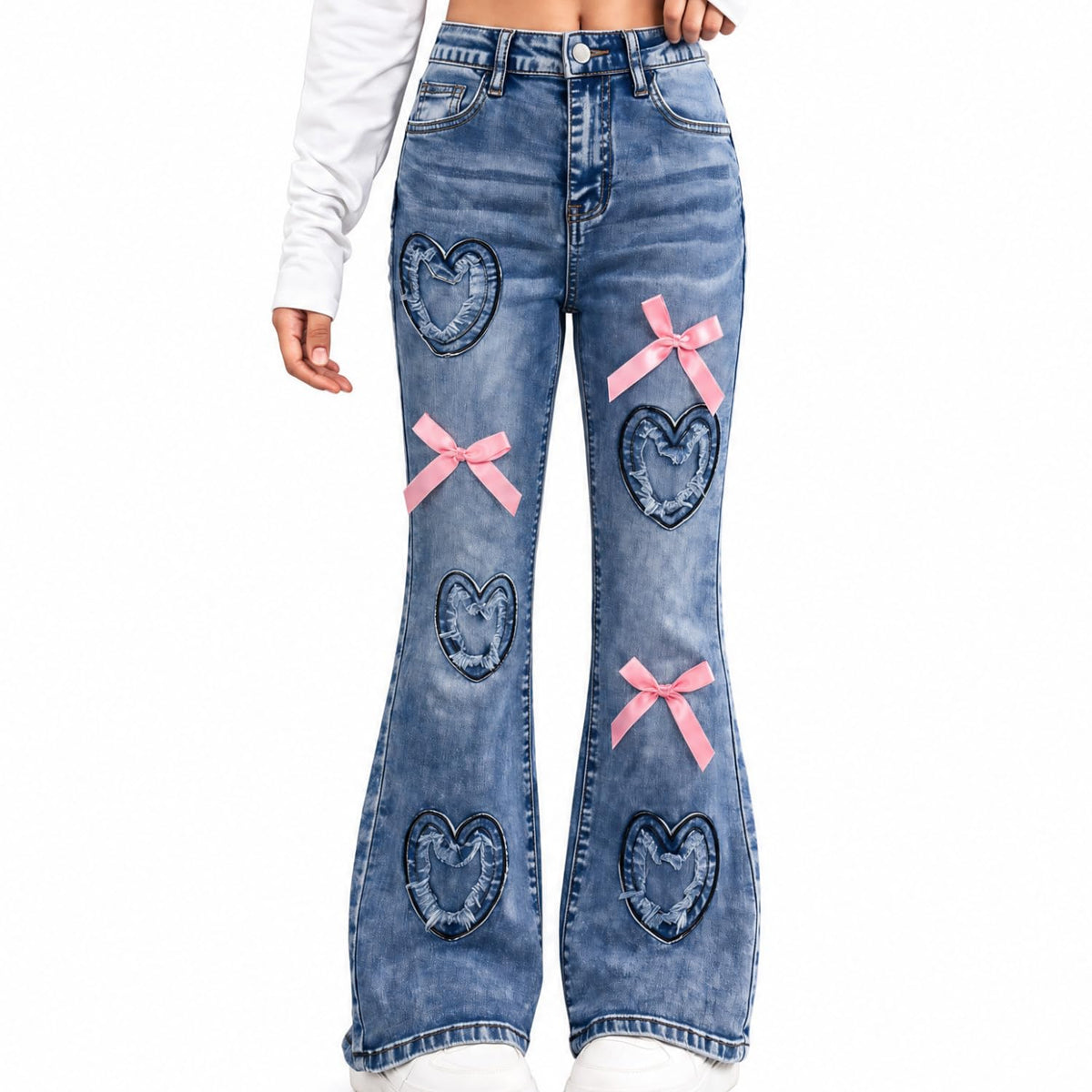 Girls Baggy Ripped Jeans Wide Straight Leg High Waisted Denim Pants 7-14Y