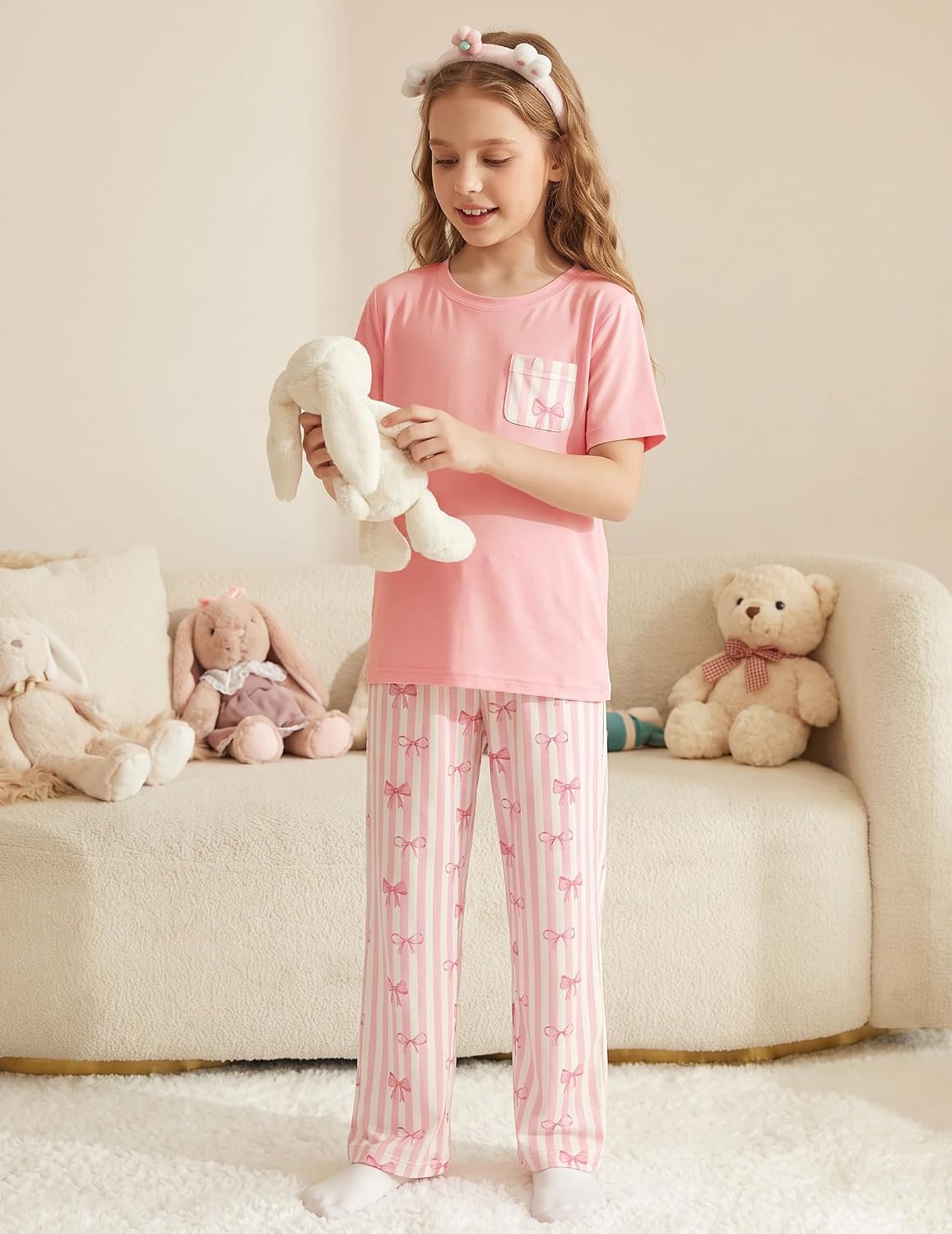Arshiner Girls' Sleepwear Short Sleeve Long Pants Pajamas Sets Soft Pjs