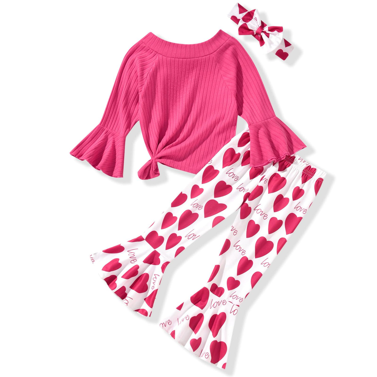 HIHA Toddler Little Girls Long Flare Sleeve Tops Bell Bottom Pants Outfit with Headband