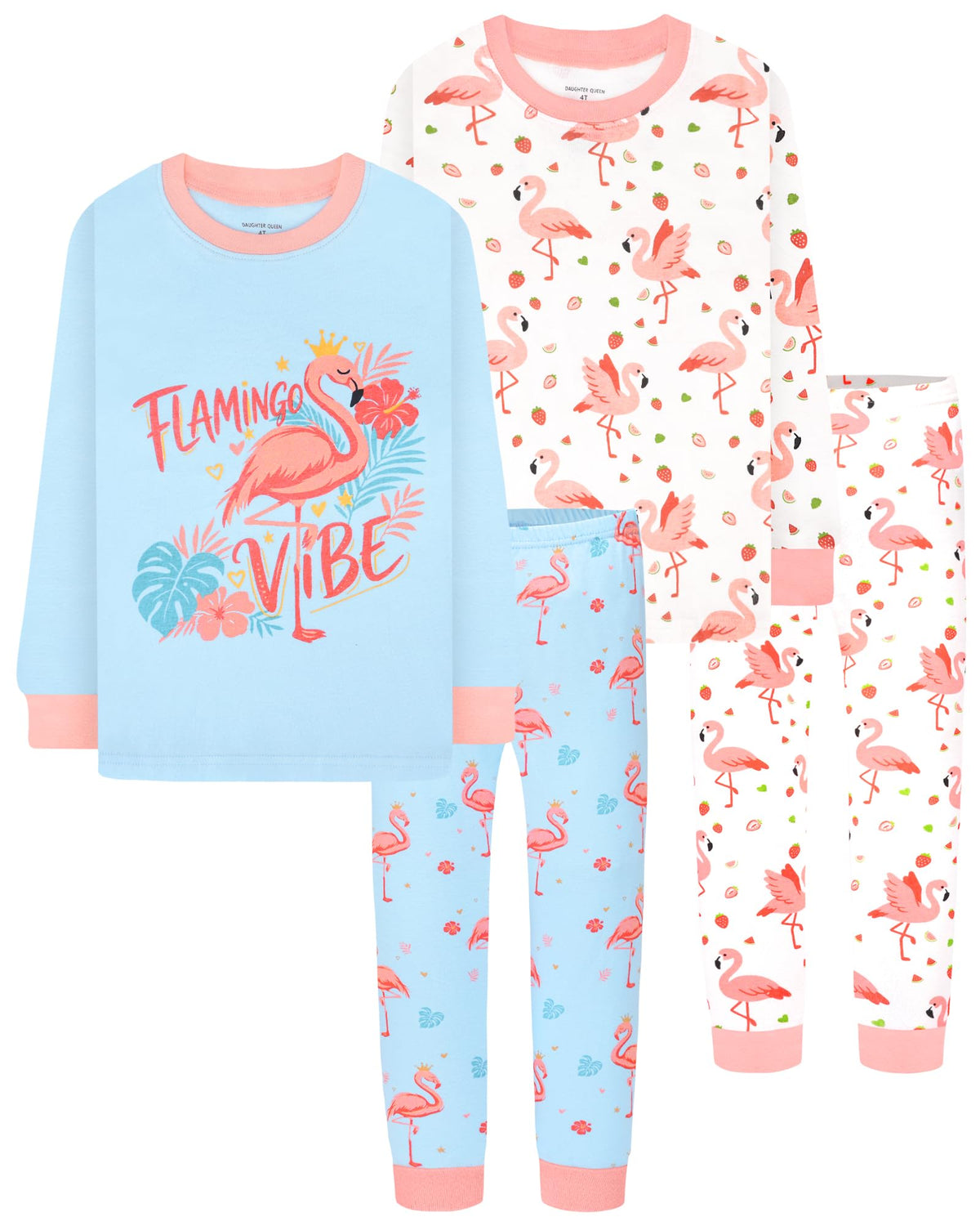 DAUGHTER QUEEN Girls 4 Pieces Cotton Pajamas Size 18 Months-12 Years