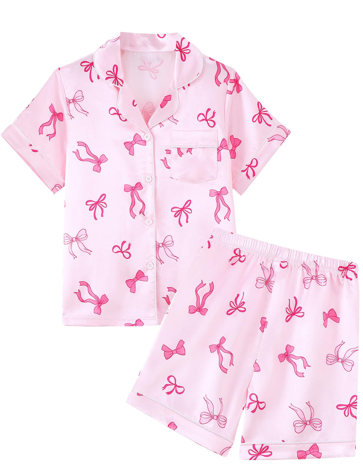 Mikrdoo Girls Pajamas Set Soft Silk Satin Pajamas 2 Piece Short Sleeve Sleepwear for Kids Size 4-16 Years