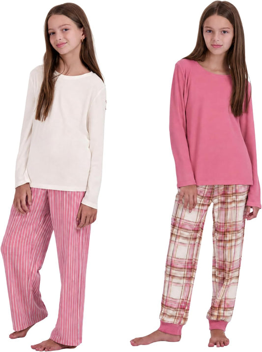 Girls 4 Piece Pajamas Set, Fleece Plaid Pjs, Size 5-6 7-8 10-12 14-16