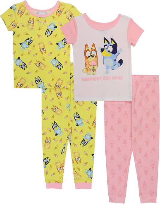 Bluey Girls 4-Piece Snug-fit Cotton Pajama Set, Matching Pajamas