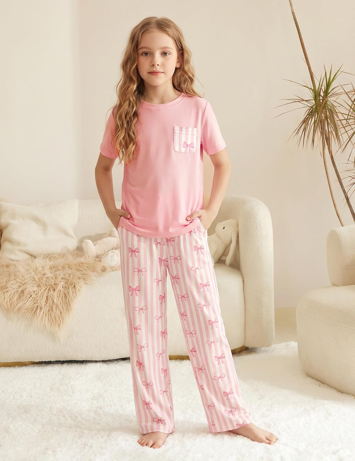 Arshiner Girls' Sleepwear Short Sleeve Long Pants Pajamas Sets Soft Pjs
