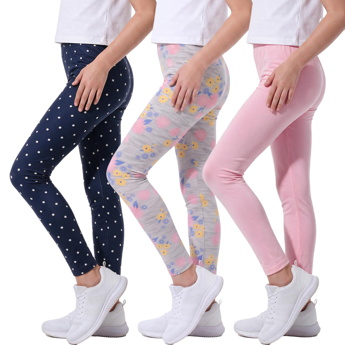 MyFav 3 Pack Girls Leggings Stretch Kids Cute Printed & Solid Color Skinny Casual Daily Wear Pants