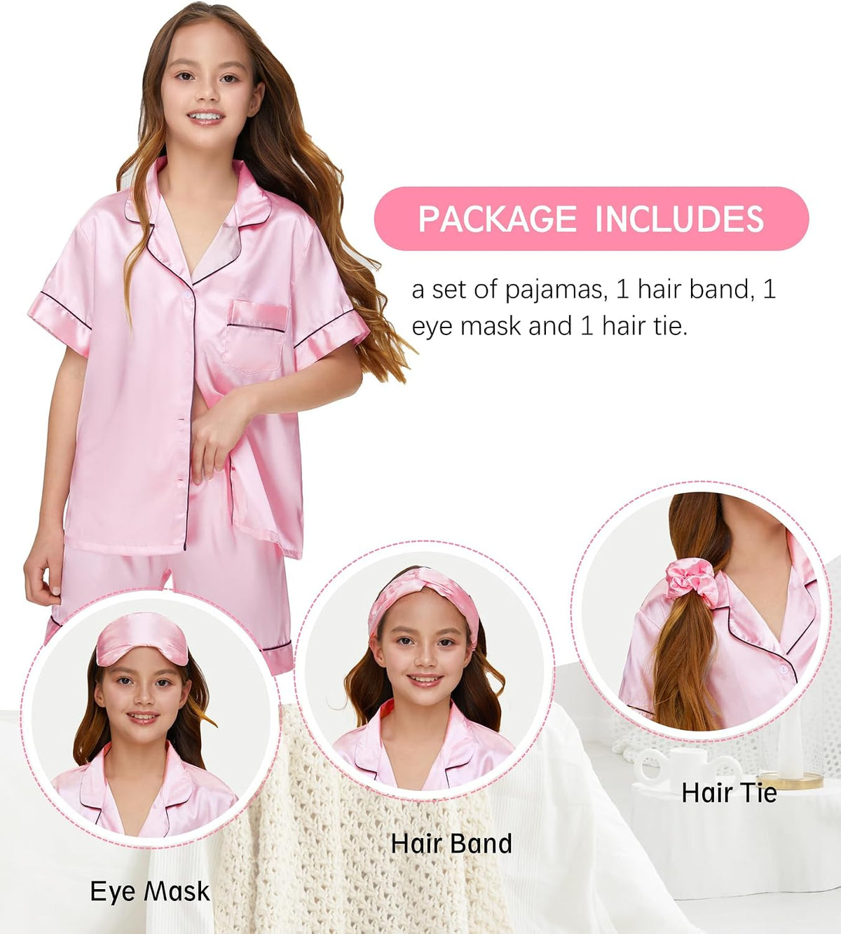 Kids Silk Pajamas Girls Satin Pajama Set Button Down Pjs Set 5-12Y