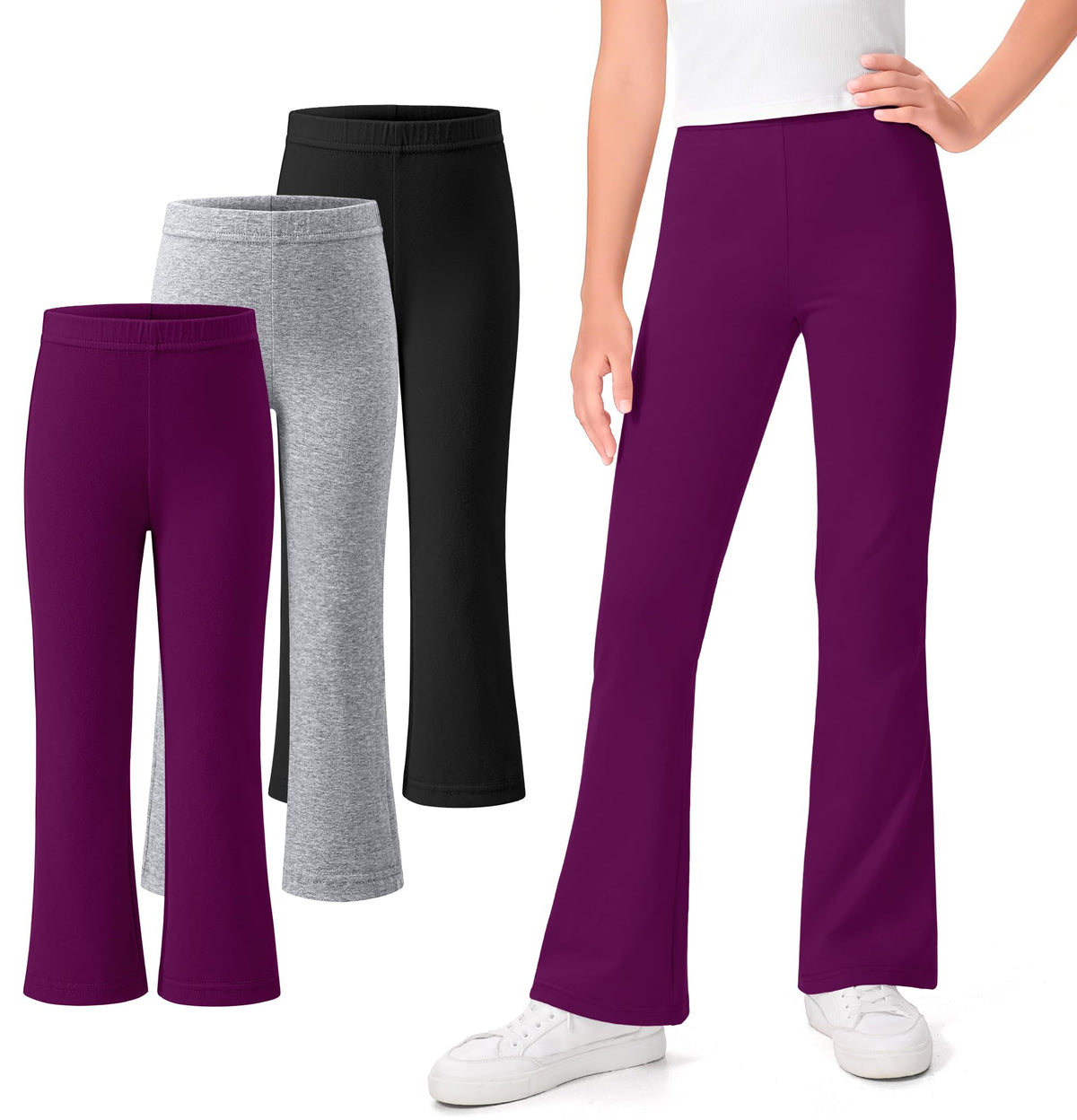 KEREDA 3 Pack School Uniform Pants for Girls Flare Bell Bottoms Leggings
