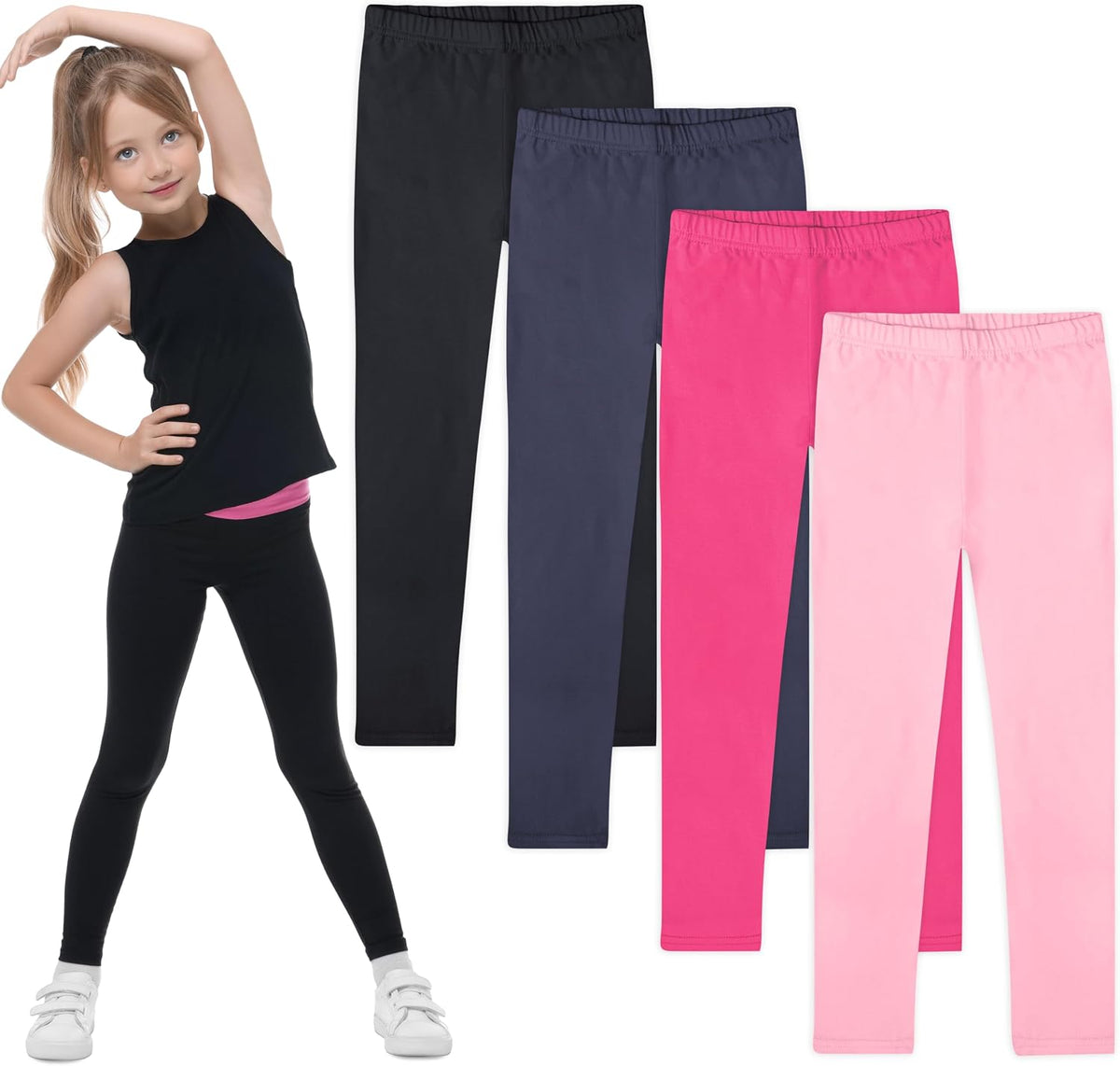 FEQO 4 Pack Girls Cotton Leggings Stretchy Full Length Tight Pants 4-12Y