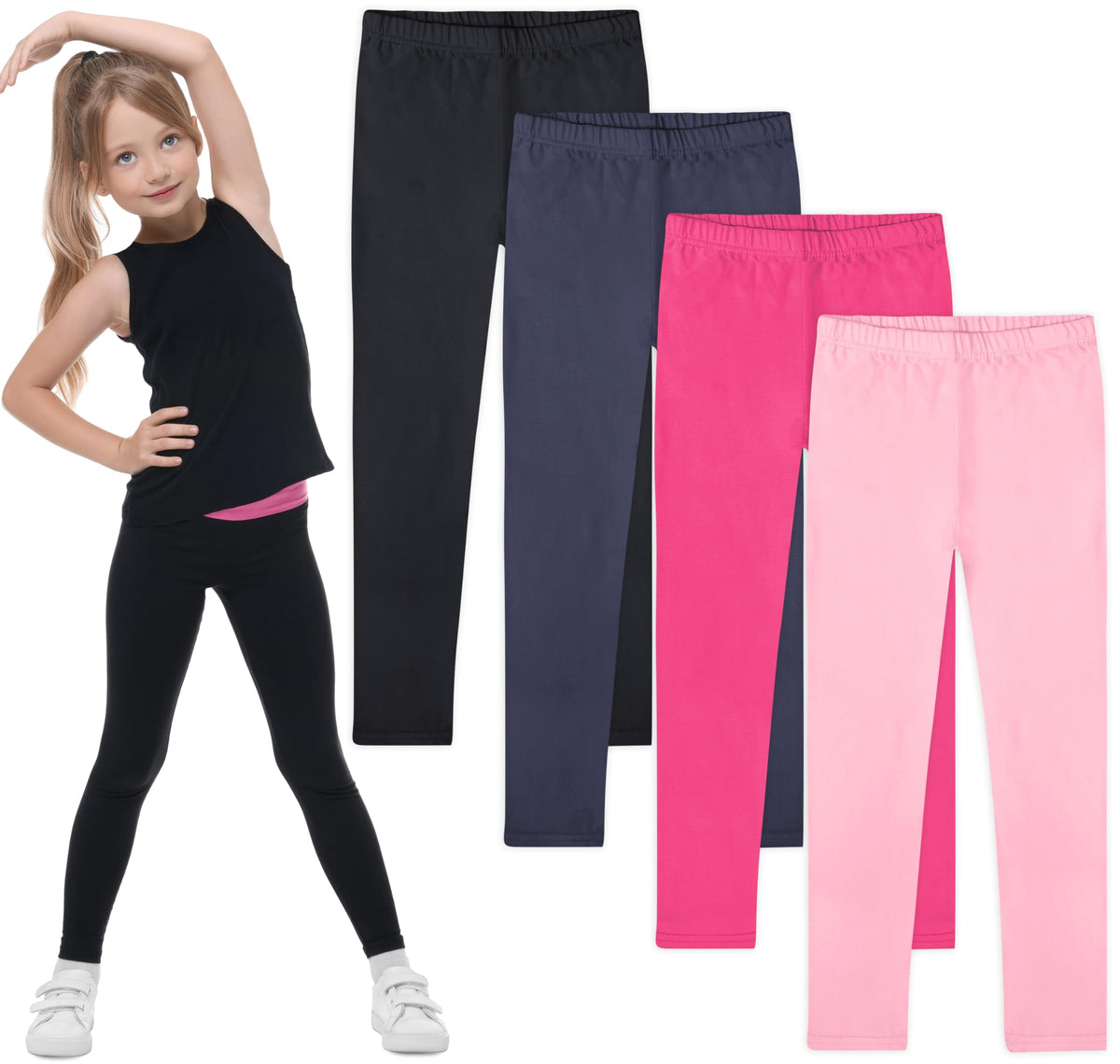 FEQO 4 Pack Girls Cotton Leggings Stretchy Full Length Tight Pants 4-12Y
