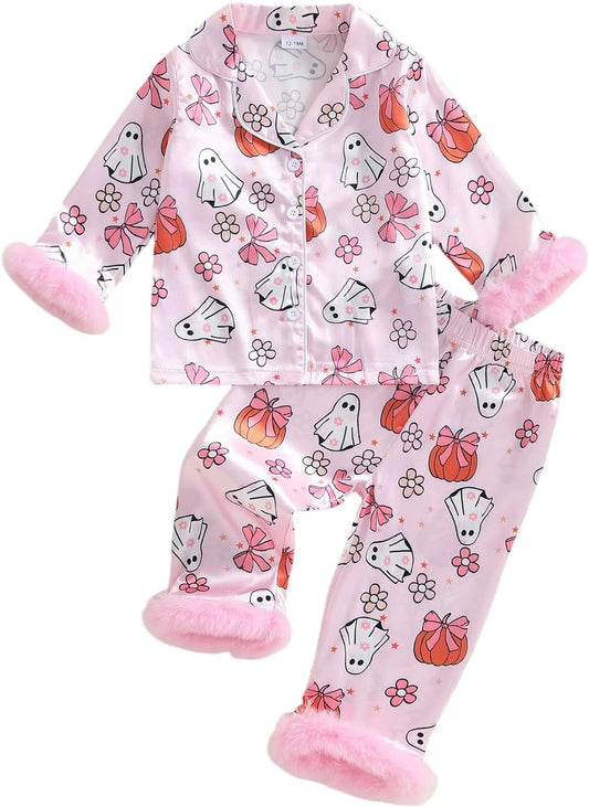 Kuriozud Kids Toddler Girl Pajamas Fuzzy Trim Button Down Shirt Pants 1-7Y