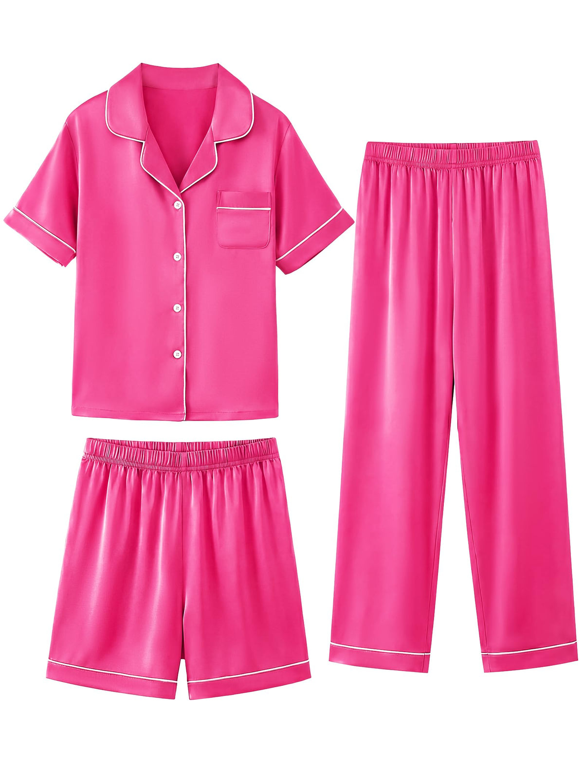 Mikrdoo 3 Piece Girls Silk Satin Pajamas Set Soft Lightweight Button Down Pjs Sleepwear for Kids Size 6-16 Years