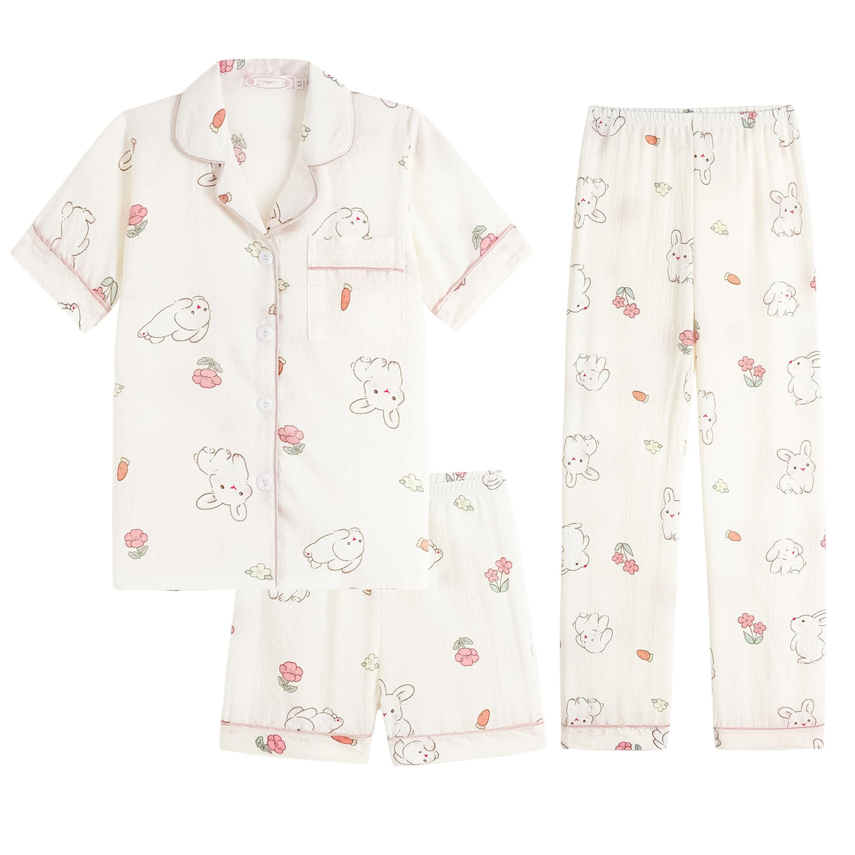 Hupohoi Big Girls Button Down Pajama Set 3pcs Crepe Fabric Sleepwear Nighty