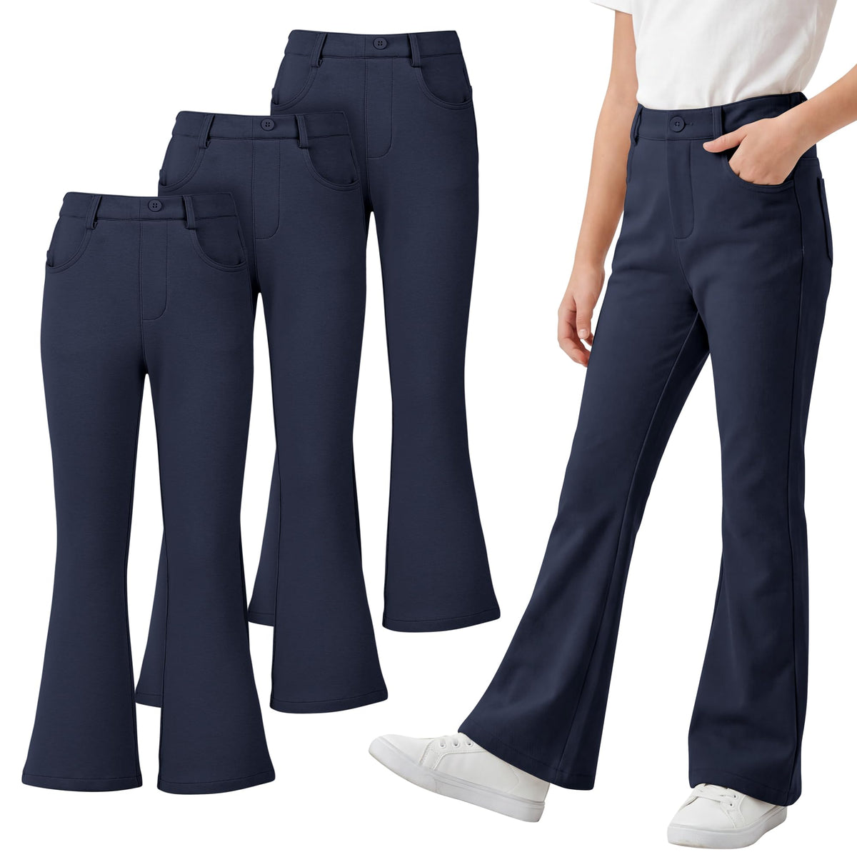Resinta 3 Pack Girls Uniform Pants Bell Bottoms School Pants