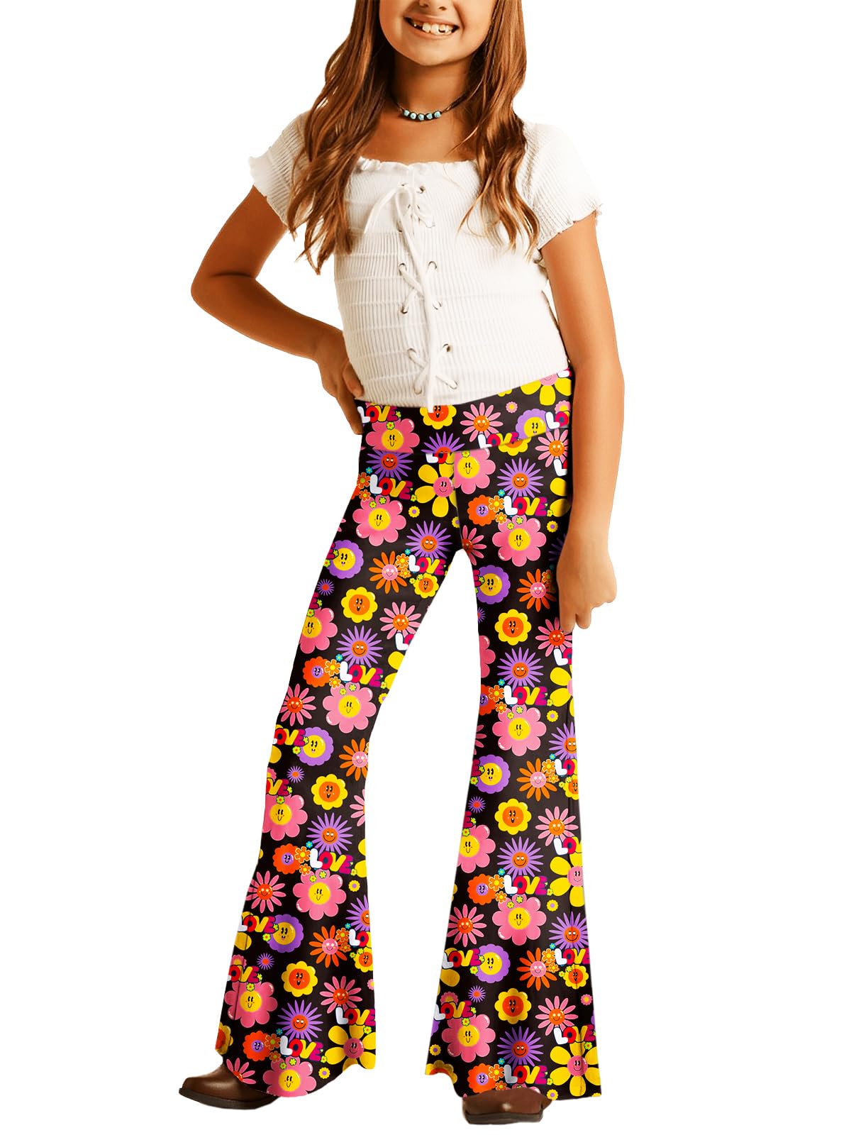 Deerose Girls Halloween Hippie Bell Bottom Pants High Waist Flare Pants 5-14 Years