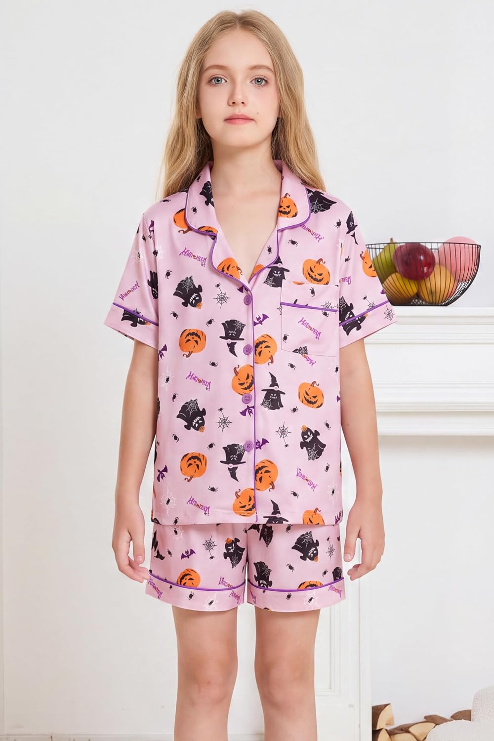 Hupohoi Big Girls Button Down Pajama Sets 2pcs Summer Cute Print Sleepwear