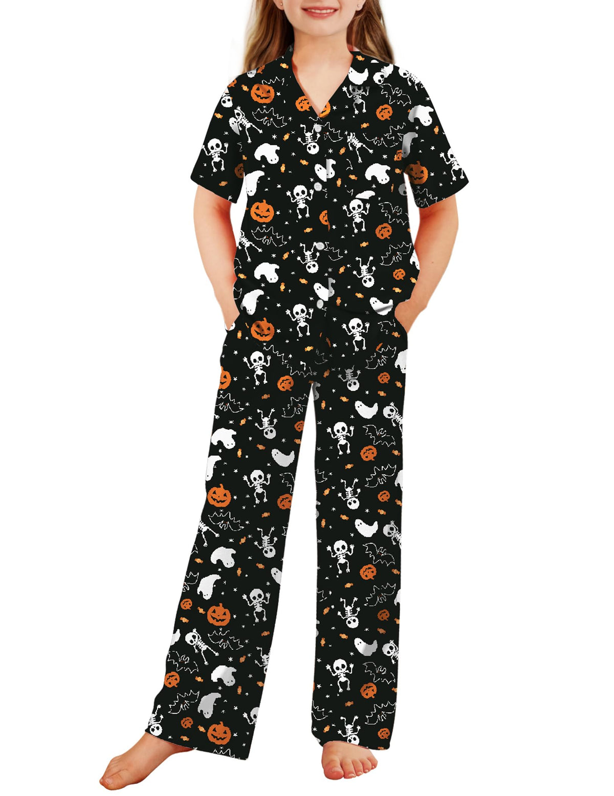 Arshiner Pajamas for Girls Short Sleeve Long Pants Sleepwear Button Pjs Set