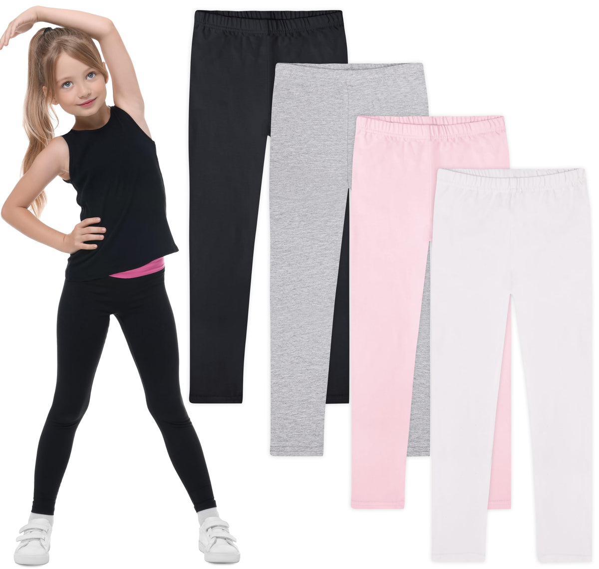 FEQO 4 Pack Girls Cotton Leggings Stretchy Full Length Tight Pants 4-12Y