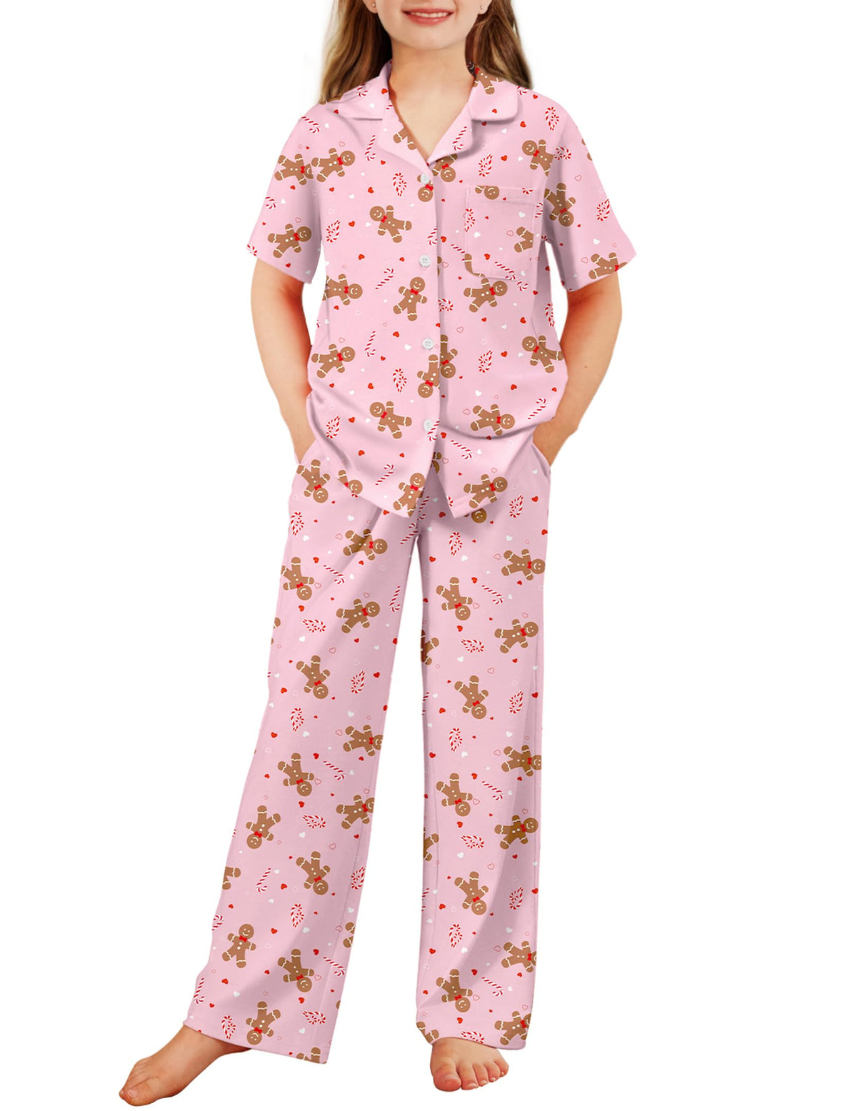 Arshiner Pajamas for Girls Short Sleeve Long Pants Sleepwear Button Pjs Set