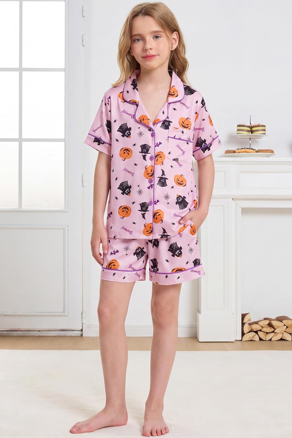 Hupohoi Big Girls Button Down Pajama Sets 2pcs Summer Cute Print Sleepwear