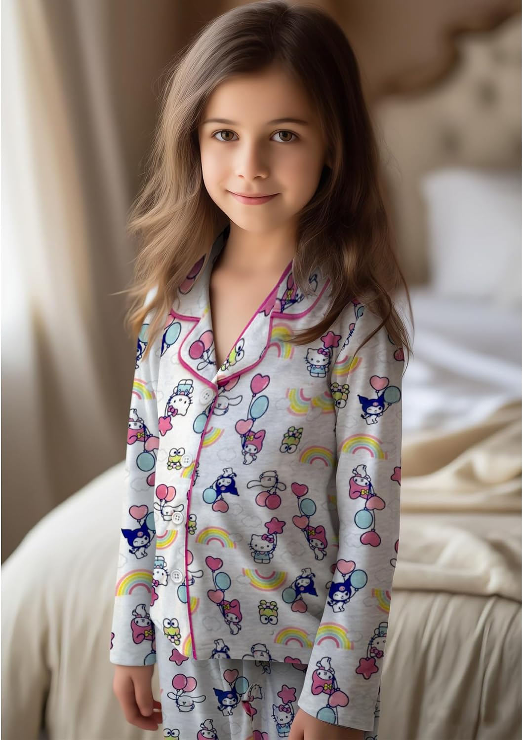 Hello Kitty Girls Pajama Set - 2 Piece Cozy Girls Pjs Button Down Long Sleeve & Pants For Kids - Official Product
