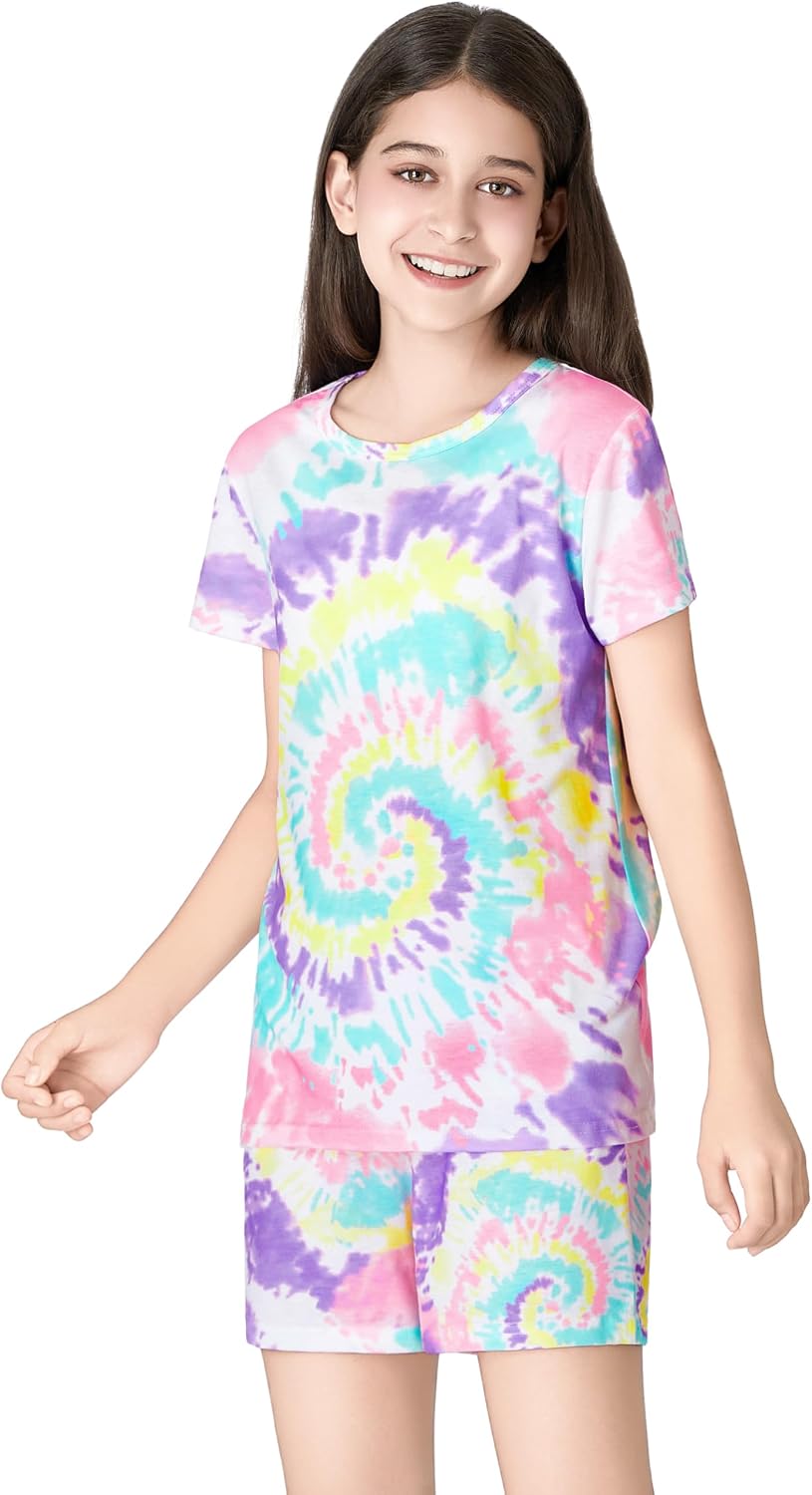 Tebbis Girls Pajama Set Tie Dye Cute Prints Tee & Shorts Sizes 6-18