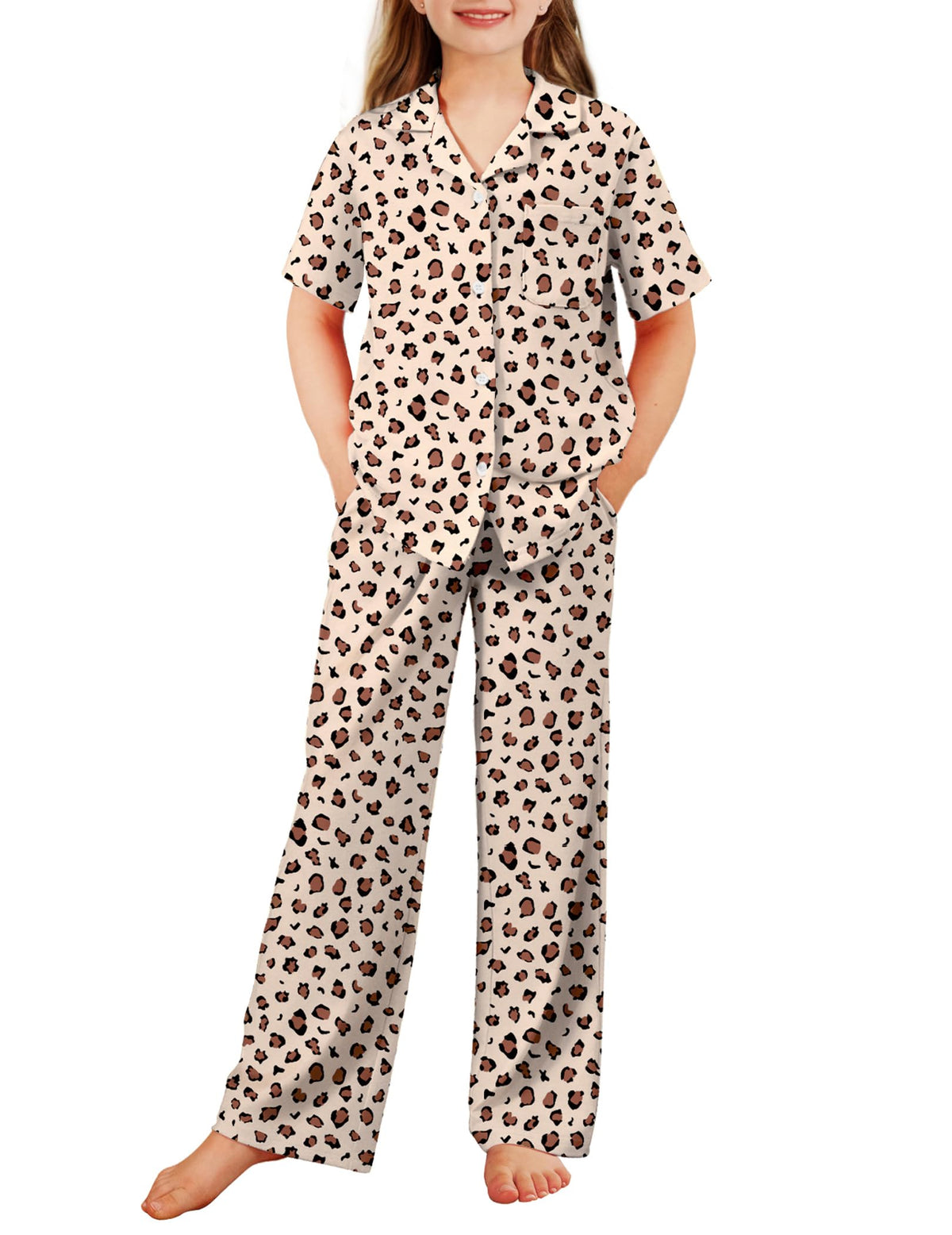 Arshiner Pajamas for Girls Short Sleeve Long Pants Sleepwear Button Pjs Set