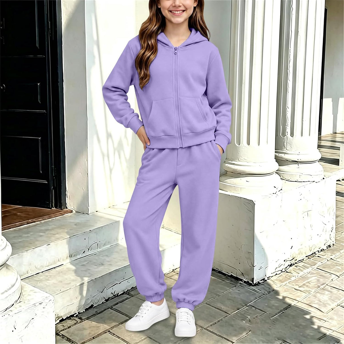 Girls Sweatsuit Fall Winter Kid Zip up Hoodie and Sweatpants Set 2-14 Years
