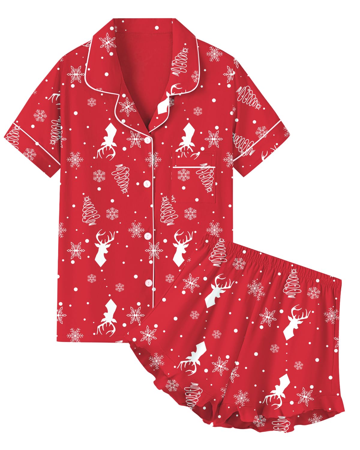 QZH.DUAO Girls & Women Pajama Sets Cotton Sleepwear Button Down Short Sleeve With Ruffle Shorts PJS 5 Years-Large