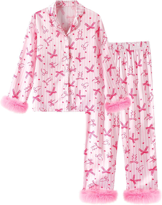 CARETOO Girls 2 Piece Pajamas Set Satin Sleepwear Long Sleeve Jammies for Kids Button-Down Nightwear Loungewear 4-12 Years