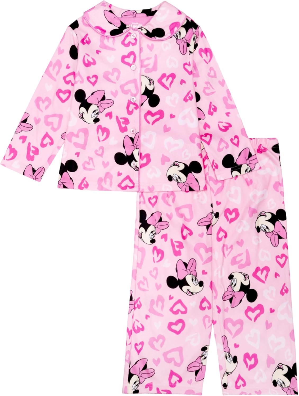 Disney Minnie Mouse Girls' 2-Piece Loose-fit Button Down Matching Pajama Set, Soft & Cute for Kids