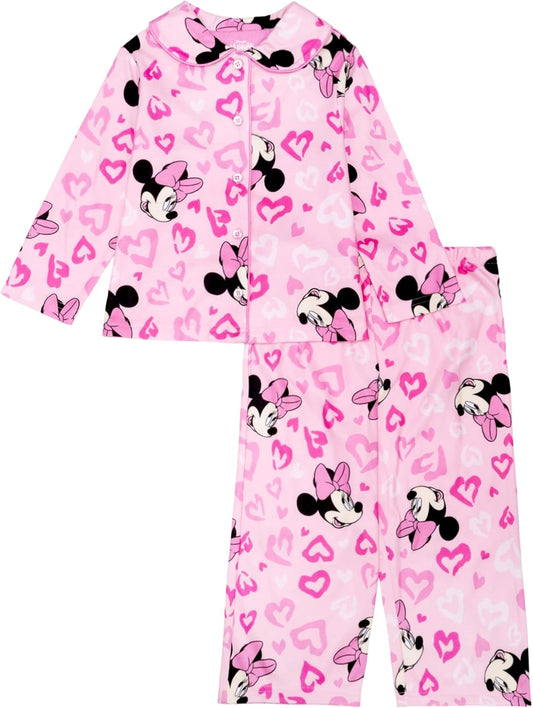 Disney Minnie Mouse Girls' 2-Piece Loose-fit Button Down Matching Pajama Set, Soft & Cute for Kids