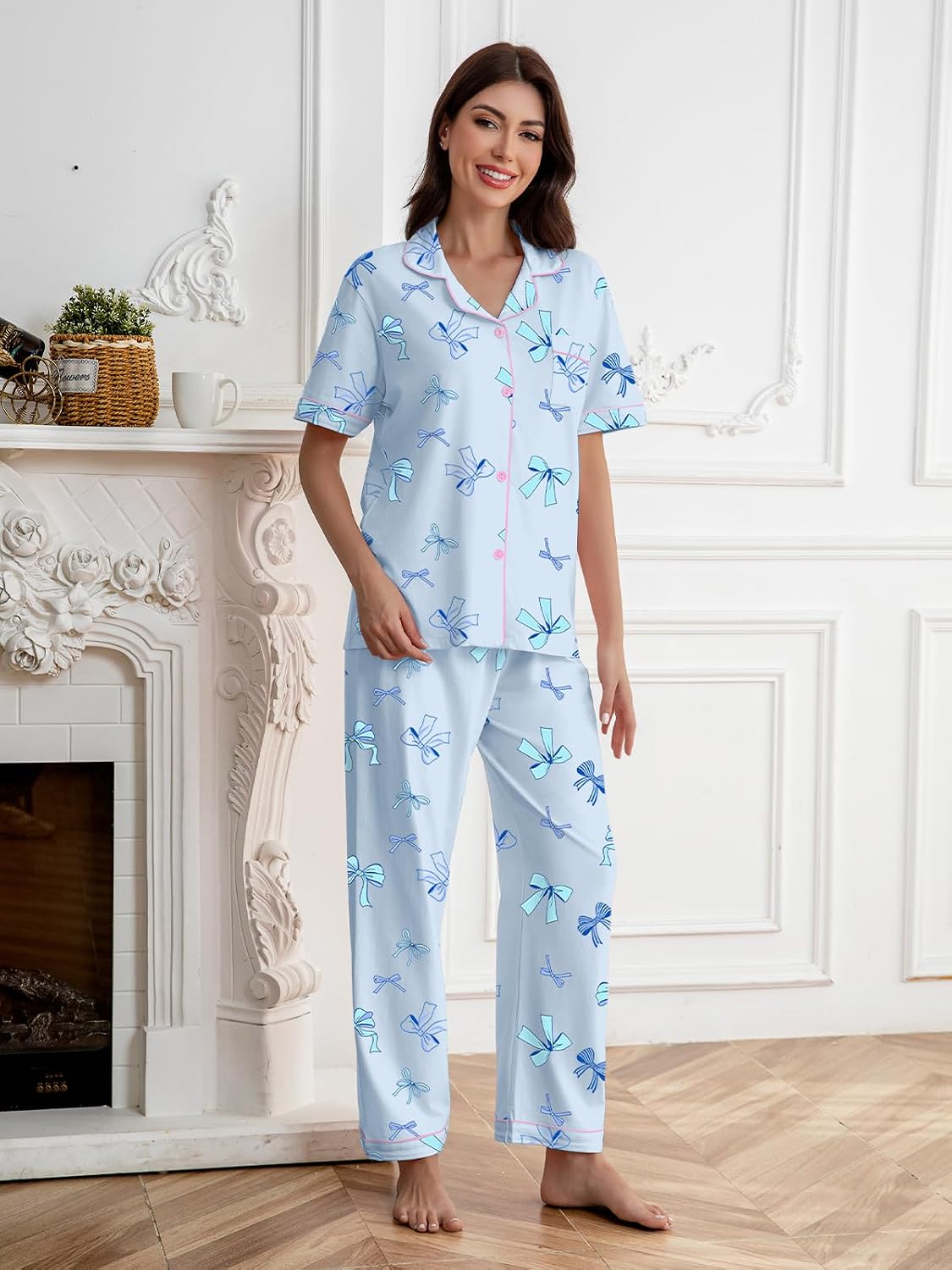 QZH.DUAO Girls Cotton Short Sleeves and Long Pants Pajama Set, 5-14 Years